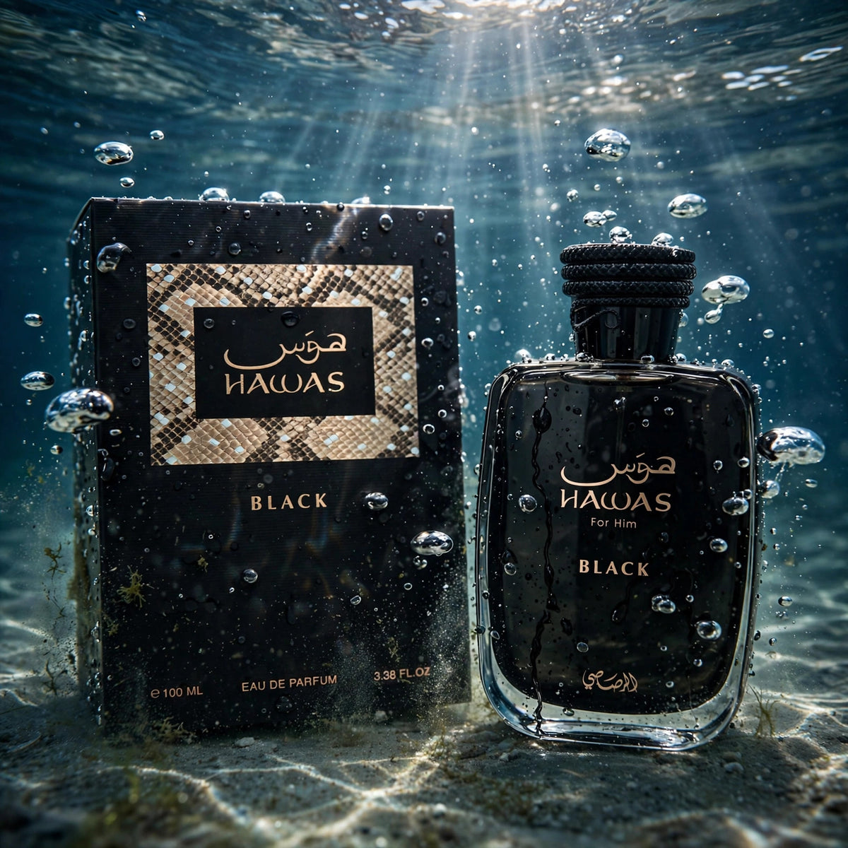 Rasasi Hawas Black Eau de Parfum 100ml for Men bottle and box in water