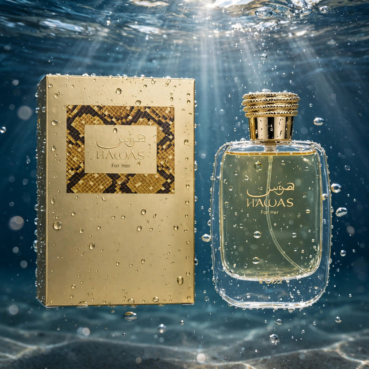 Rasasi Hawas for Her EDP bottle in clear water splash