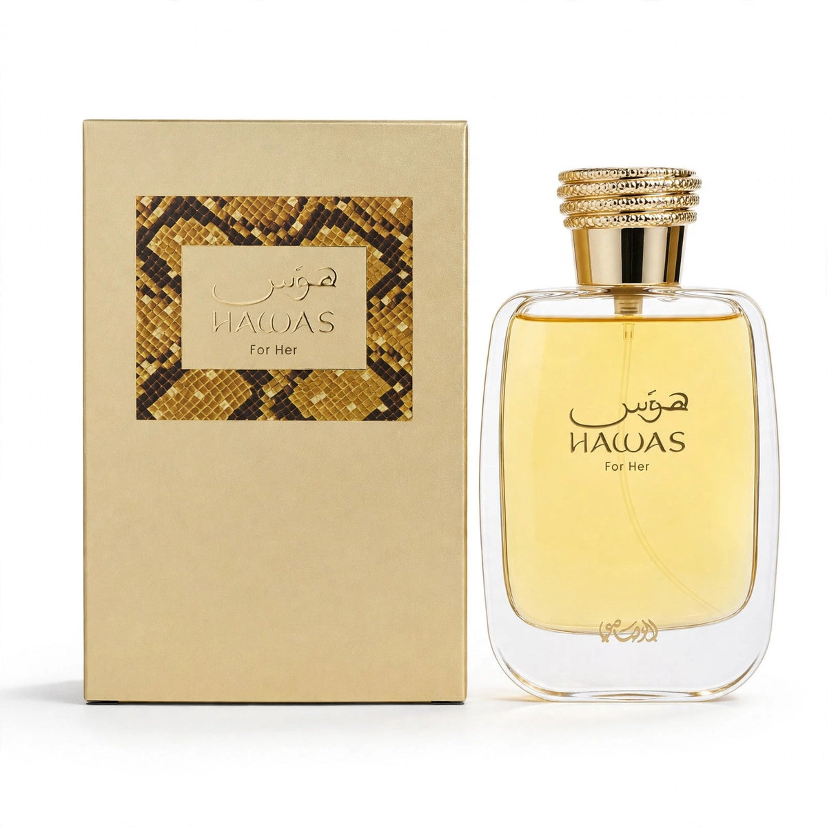 Rasasi Hawas for Her EDP 100ml bottle and box on white background