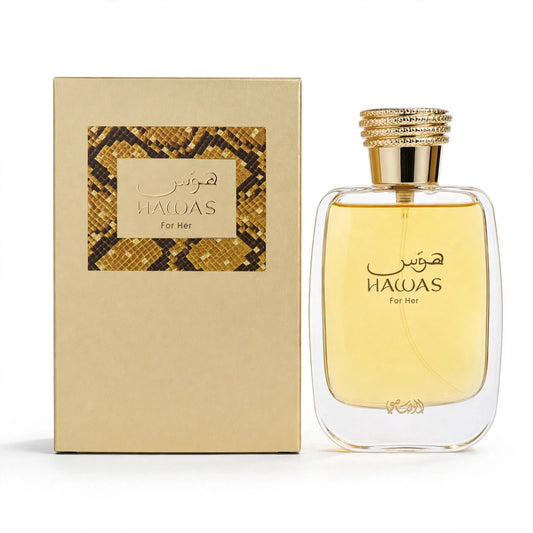 Rasasi Hawas for Her EDP 100ml bottle and box on white background