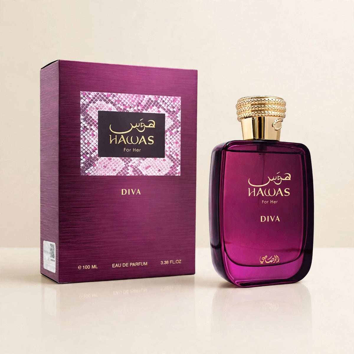 Rasasi Hawas For Her Diva EDP in a cream studio setting