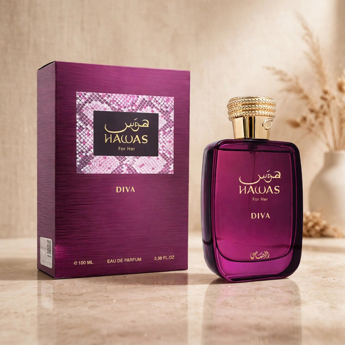 Rasasi Hawas For Her Diva EDP in warm beige luxury studio