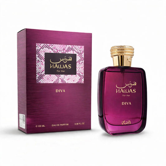 Rasasi Hawas For Her Diva EDP 100ml bottle and box on white background