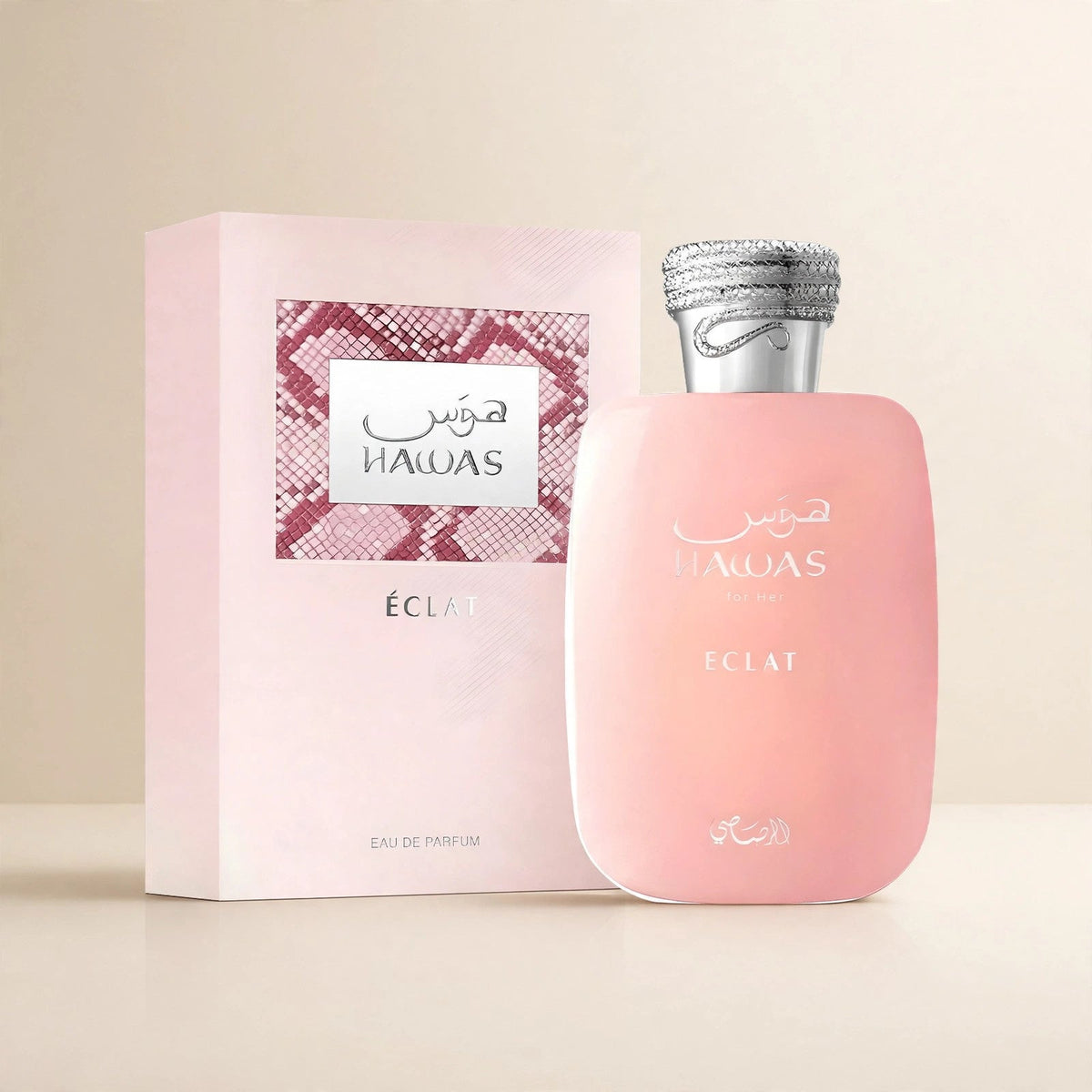 Rasasi Hawas Eclat for Her EDP in a cream studio setting