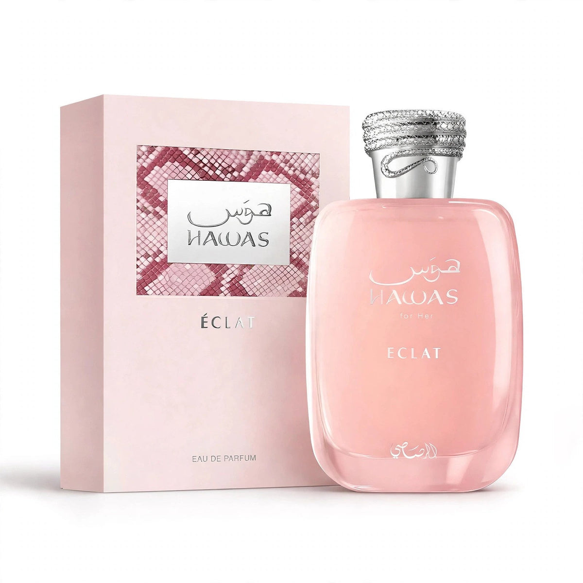 Rasasi Hawas Eclat for Her EDP 100ml bottle and box on white background