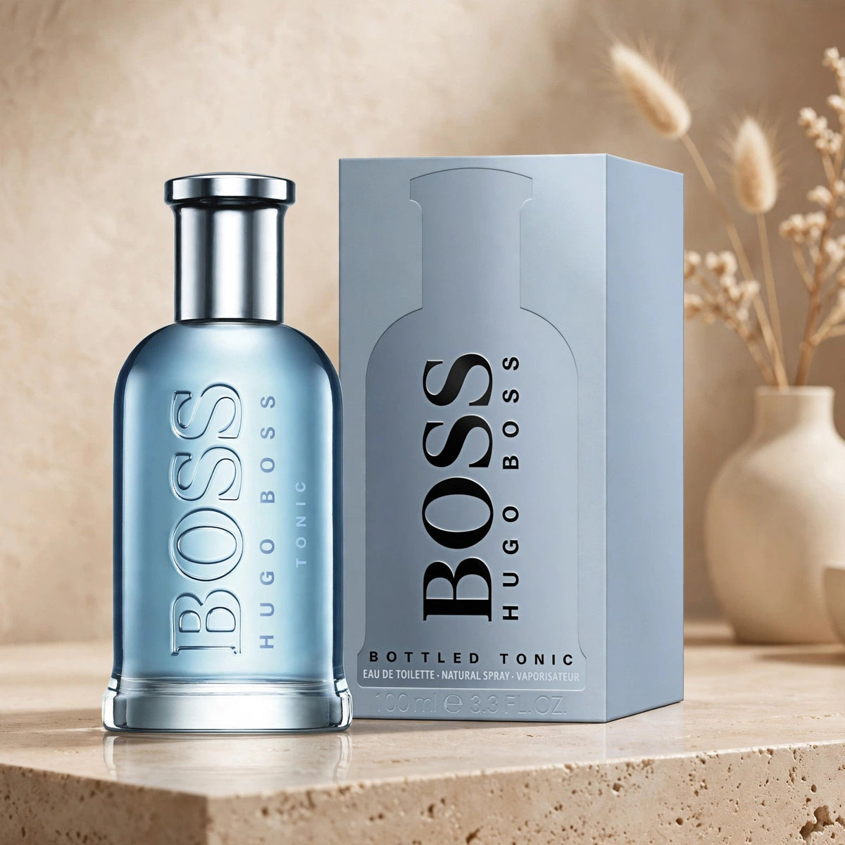 Hugo Boss Bottled Tonic EDT in warm beige luxury studio