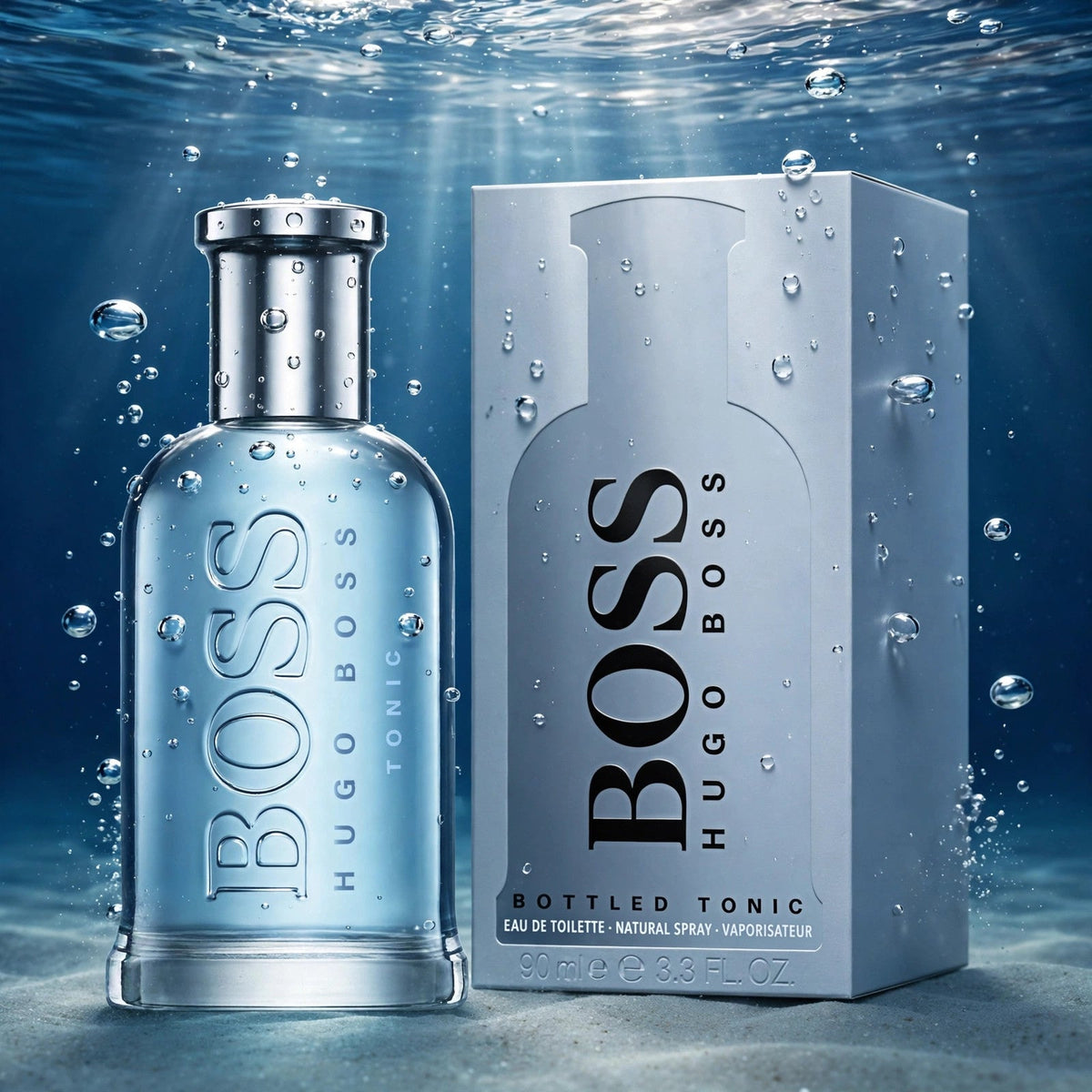 Hugo Boss Bottled Tonic EDT bottle in clear water splash