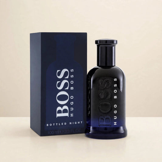 Hugo Boss Bottled Night EDT in a cream studio setting