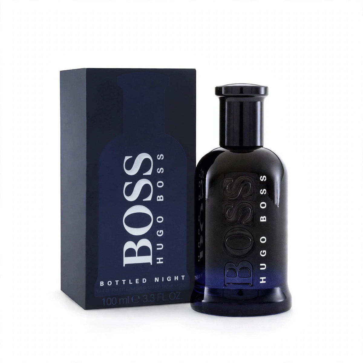 Hugo Boss Bottled Night EDT 100ml bottle and box on white background
