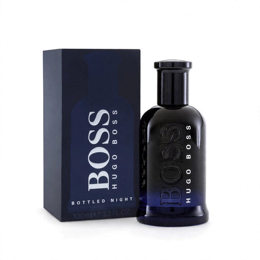 Hugo Boss Bottled Night EDT 100ml bottle and box on white background