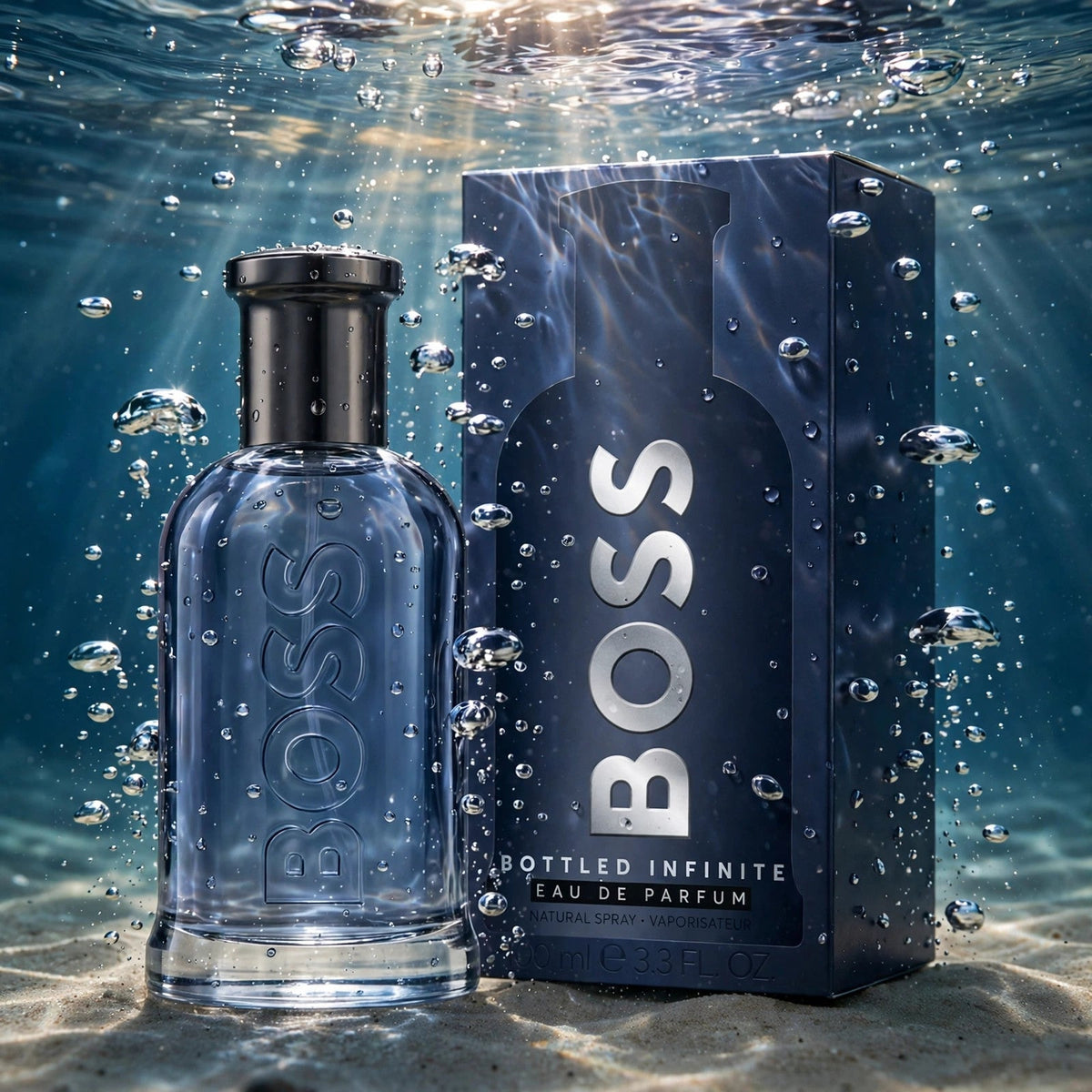 Hugo Boss Bottled Infinite EDP bottle in clear water splash