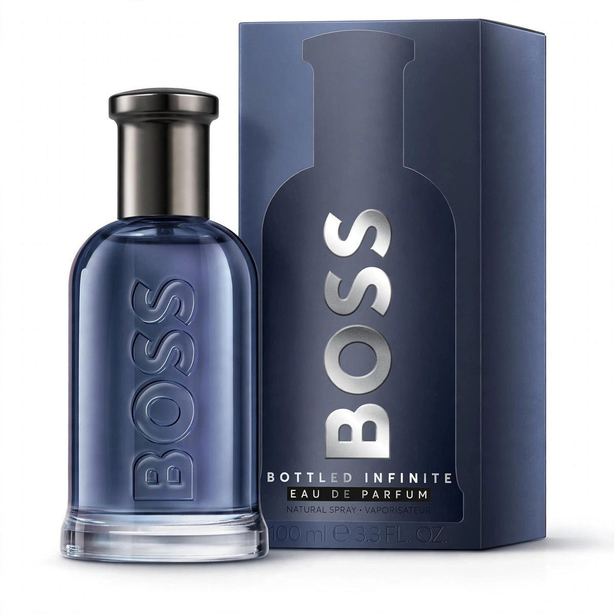 Hugo Boss Bottled Infinite EDP 100ml bottle and box on white background