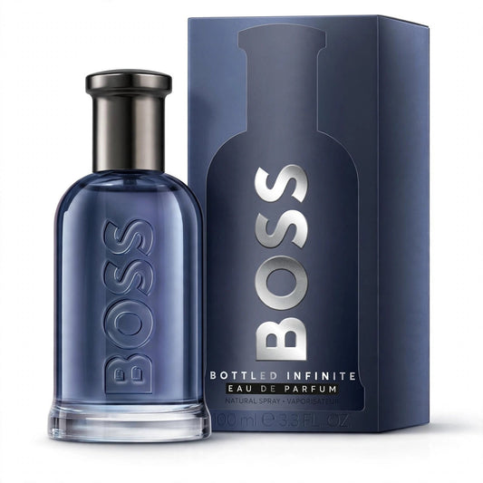 Hugo Boss Bottled Infinite EDP 100ml bottle and box on white background
