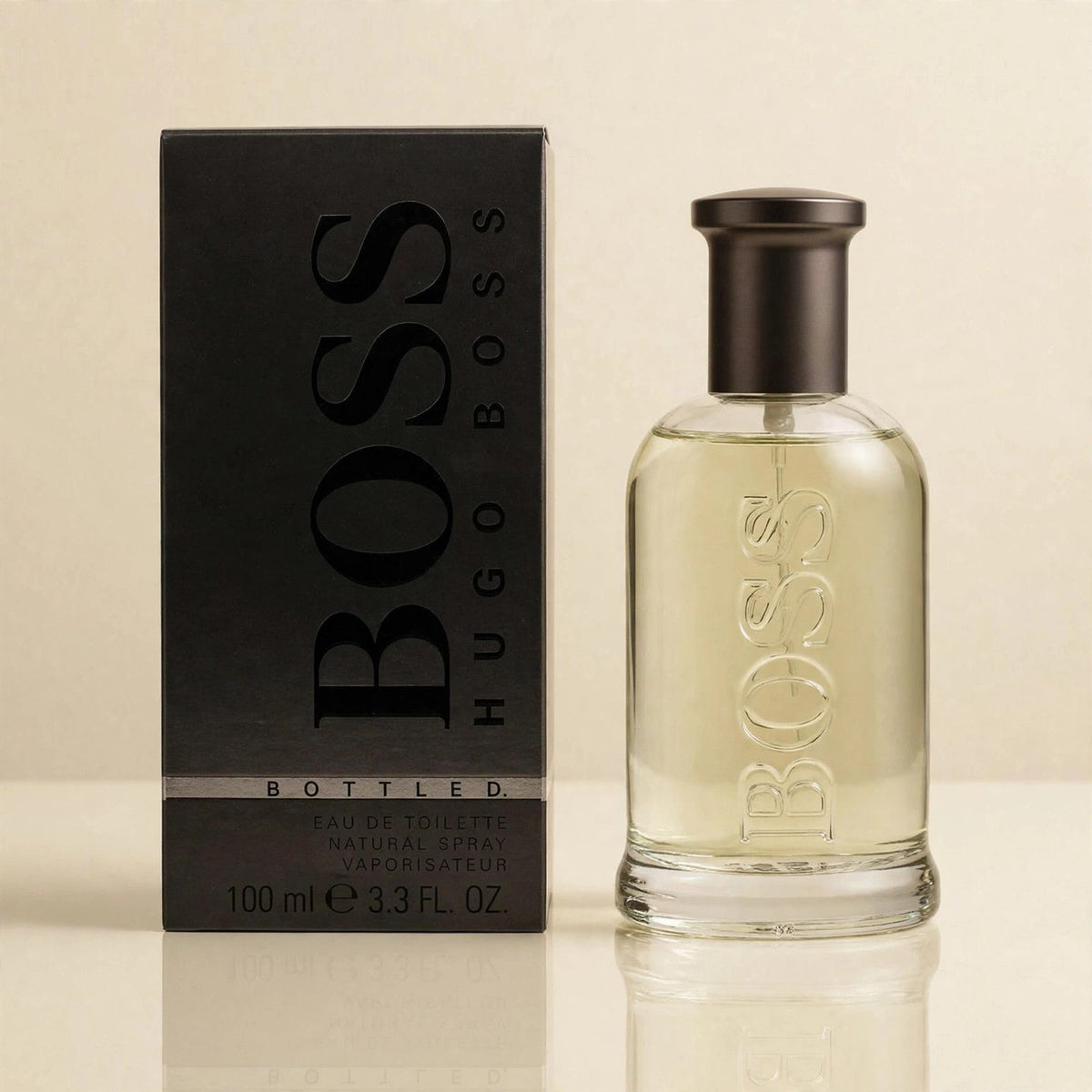 Hugo Boss Bottled EDT in a cream studio setting