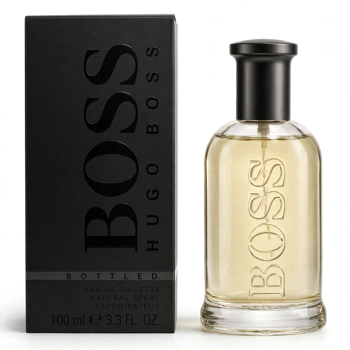 Hugo Boss Bottled EDT 100ml bottle and box on white background