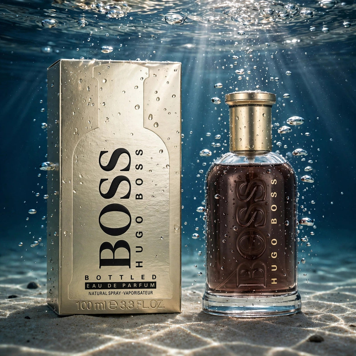 Hugo Boss Bottled EDP bottle in clear water splash