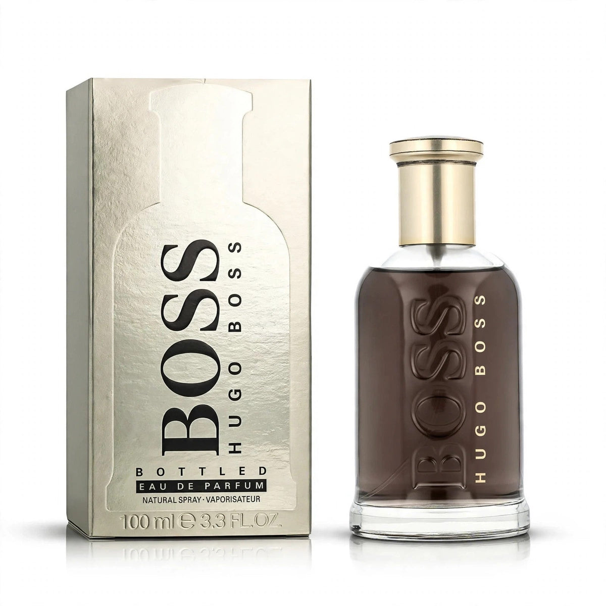 Hugo Boss Bottled EDP 100ml bottle and box on white background