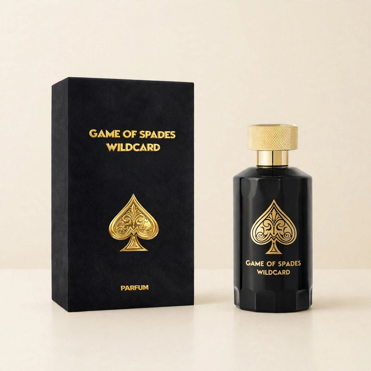 Jo Milano Game of Spades Wildcard Parfum 100ml bottle and box in cream studio