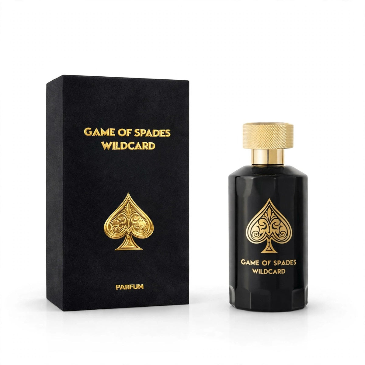 Jo Milano Game of Spades Wildcard Parfum 100ml bottle and box on white studio background