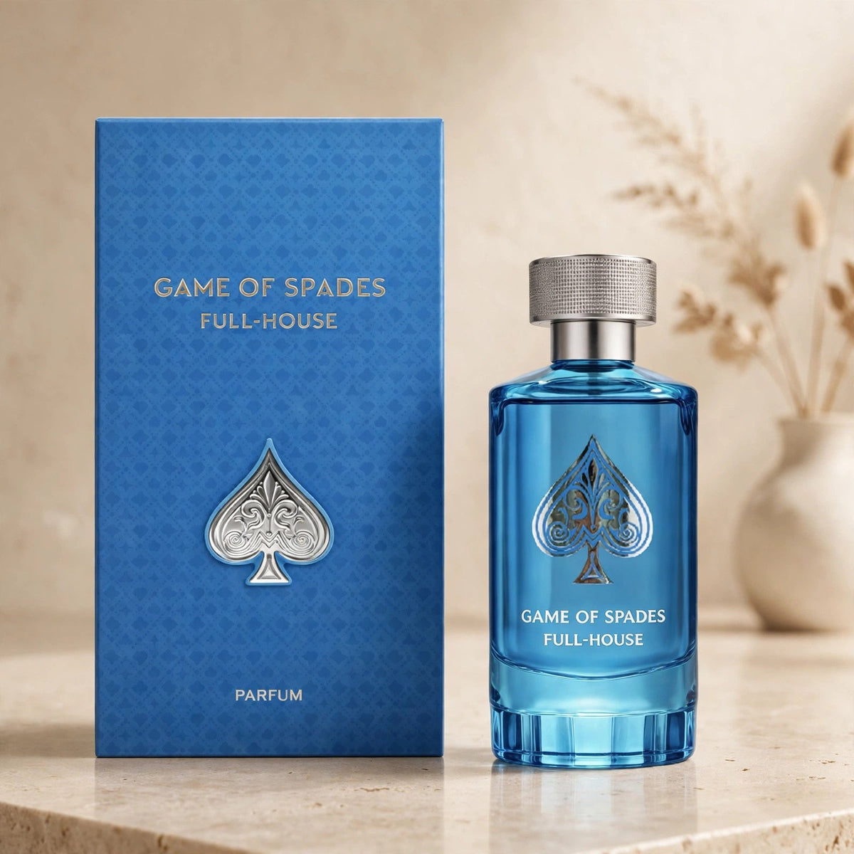 Jo Milano Game of Spades Full House Parfum 100ml bottle and box in warm beige studio