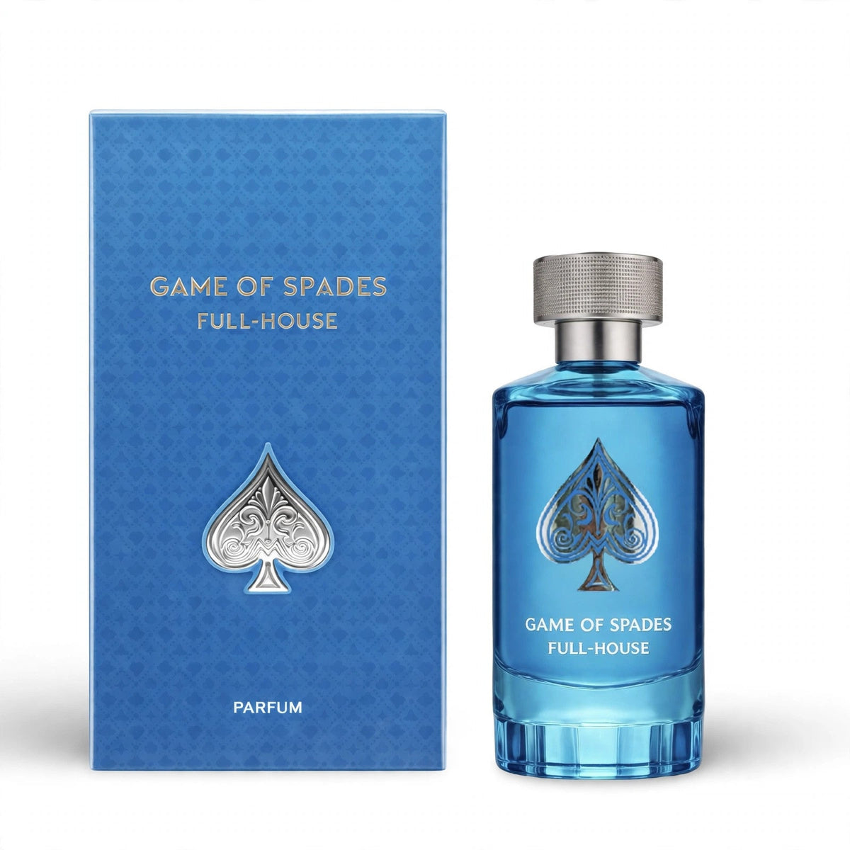 Jo Milano Game of Spades Full House Parfum 100ml bottle and box on white studio background