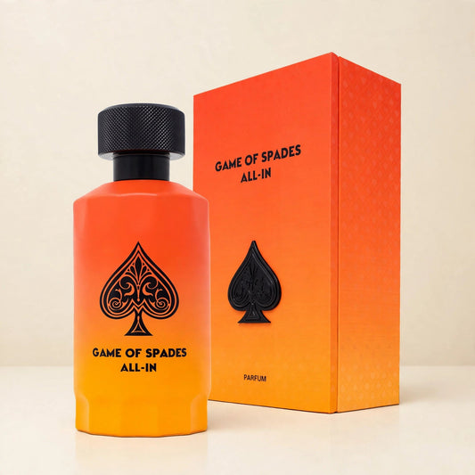 Jo Milano Game of Spades All-In Parfum 100ml bottle and box in cream studio