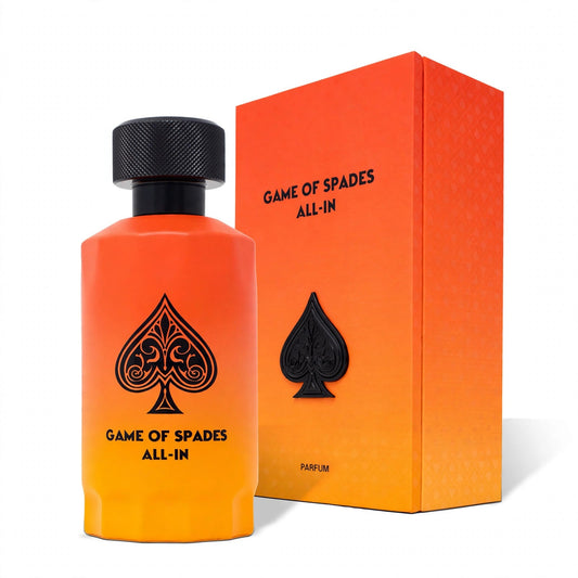 Jo Milano Game of Spades All-In Parfum 100ml bottle and box on white studio background