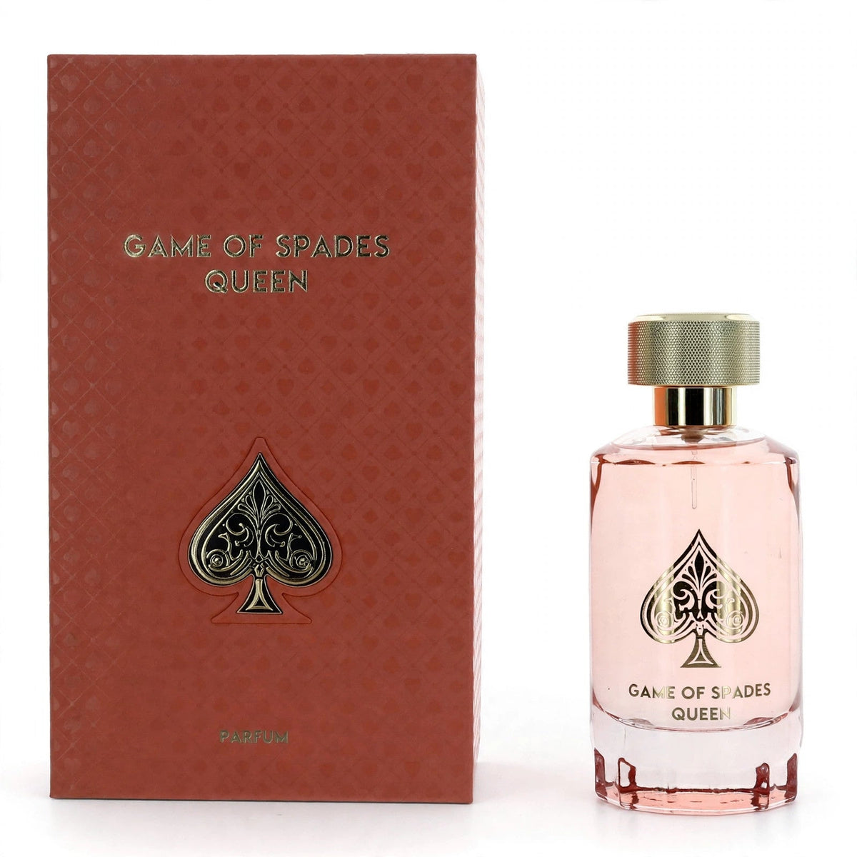 Jo Milano Game of Spades Queen Parfum 100ml bottle and box on white studio background