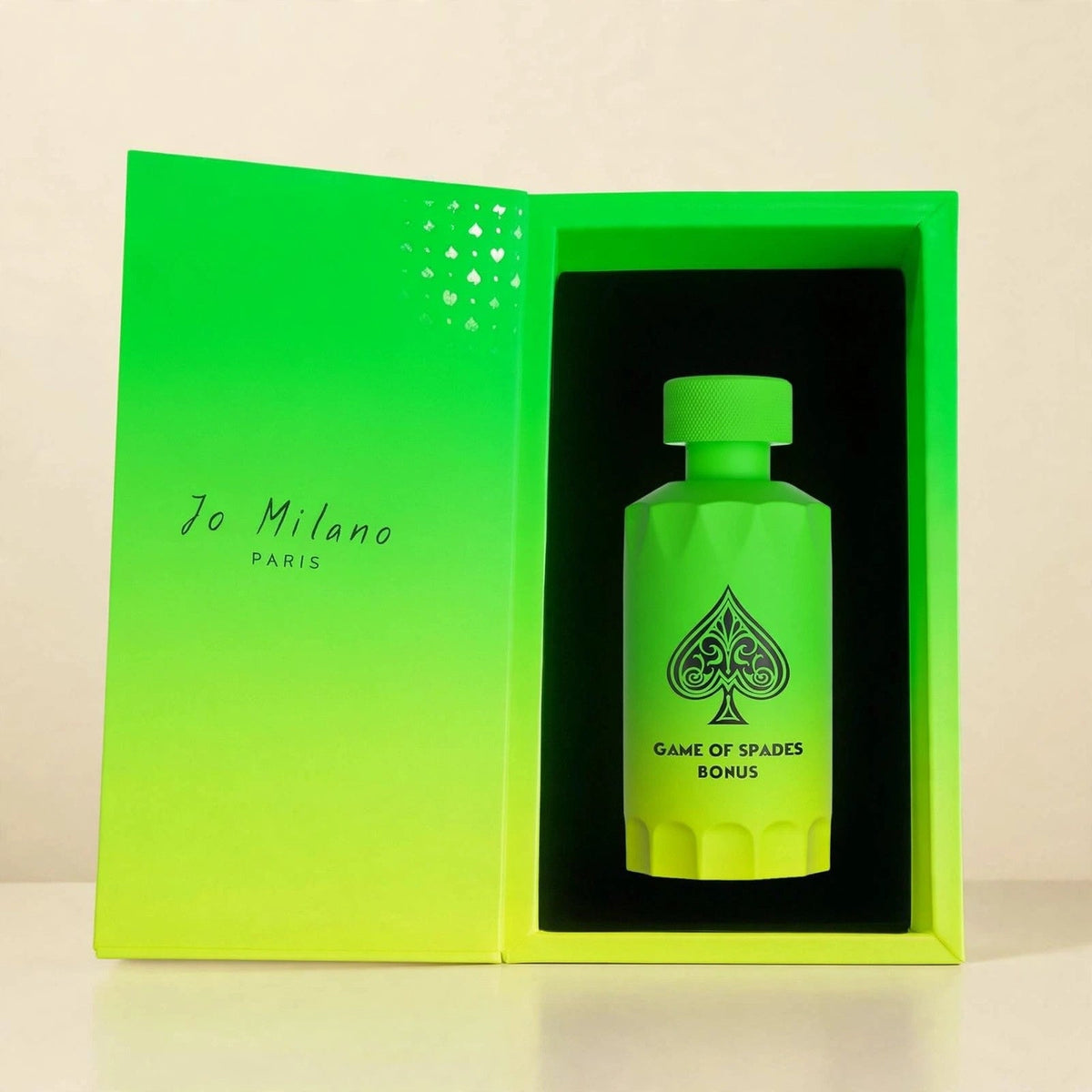 Jo Milano Game of Spades Bonus Parfum 100ml bottle and box in cream studio