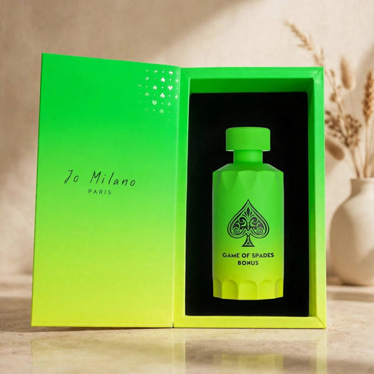 Jo Milano Game of Spades Bonus Parfum 100ml bottle and box in warm beige studio