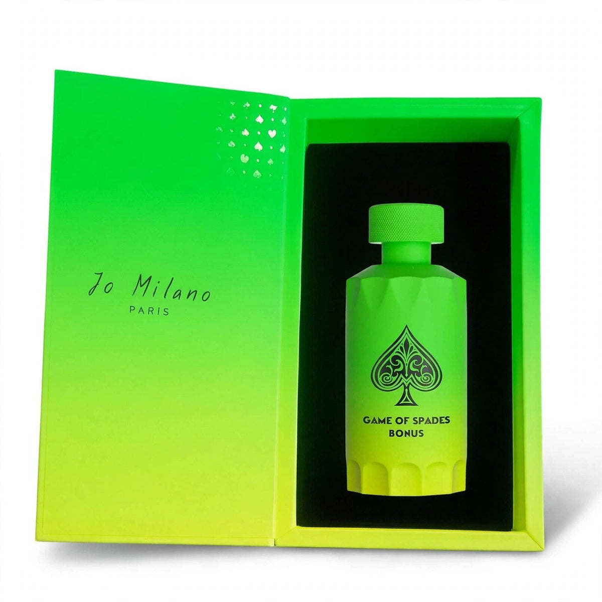 Jo Milano Game of Spades Bonus Parfum 100ml bottle and box on white studio background