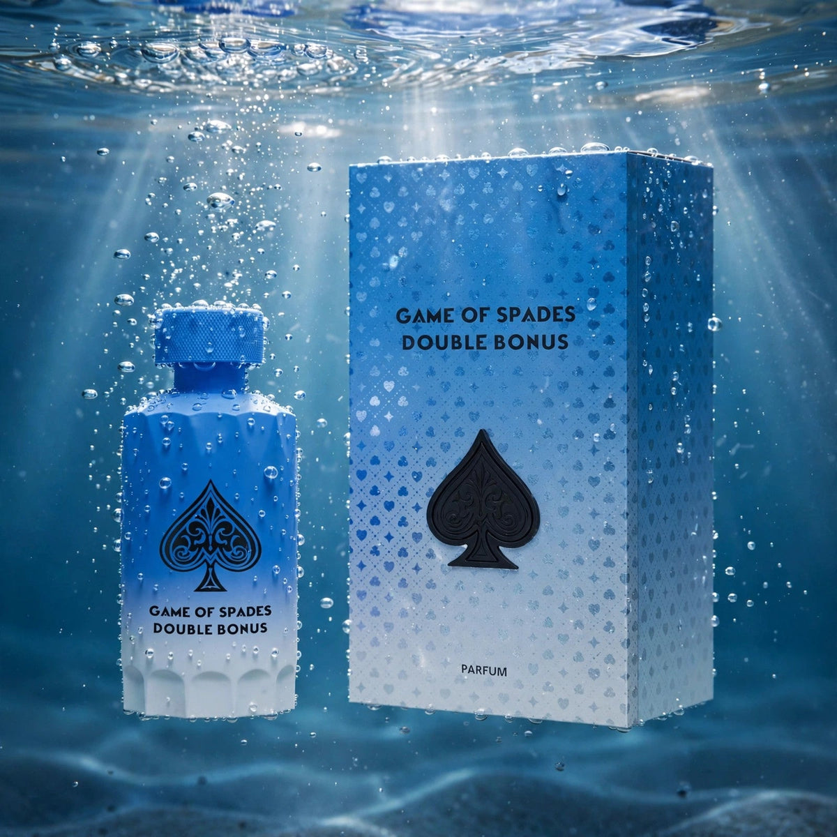 Jo Milano Game of Spades Double Bonus Parfum 100ml bottle underwater
