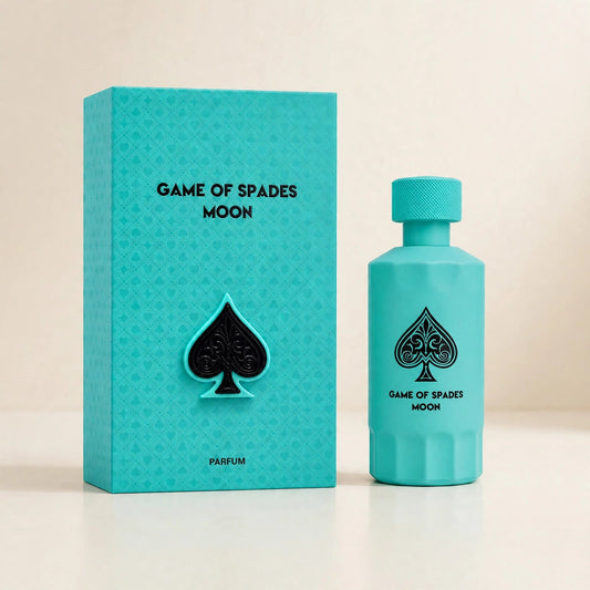Jo Milano Game of Spades Moon Parfum 100ml bottle and box in cream studio