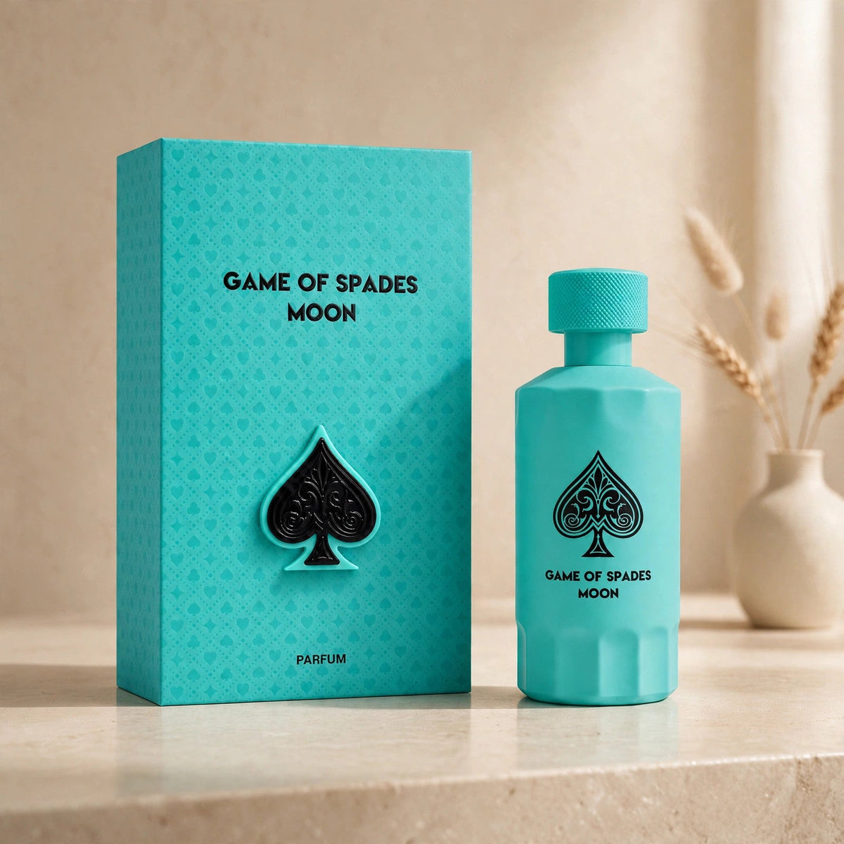 Jo Milano Game of Spades Moon Parfum 100ml bottle and box in warm beige studio