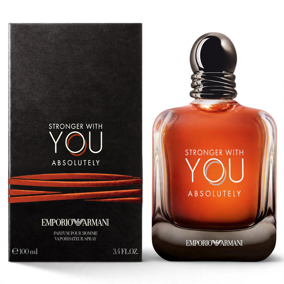 Emporio Armani Stronger With You Absolutely Eau de Parfum 100ml/3.4oz for Men – bottle and box on white background