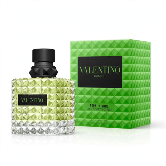 Valentino Donna Born In Roma Green Stravaganza Eau de Parfum 100ml/3.4oz for Women – bottle and box on white background