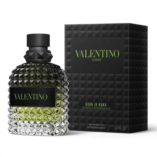 Valentino Uomo Born In Roma Green Stravaganza Eau de Toilette 100ml/3.4oz for Men – bottle and box on white background