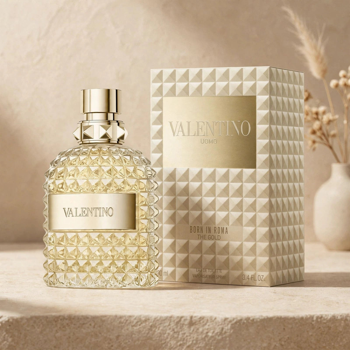 Valentino Uomo Born In Roma The Gold EDT in warm beige luxury studio