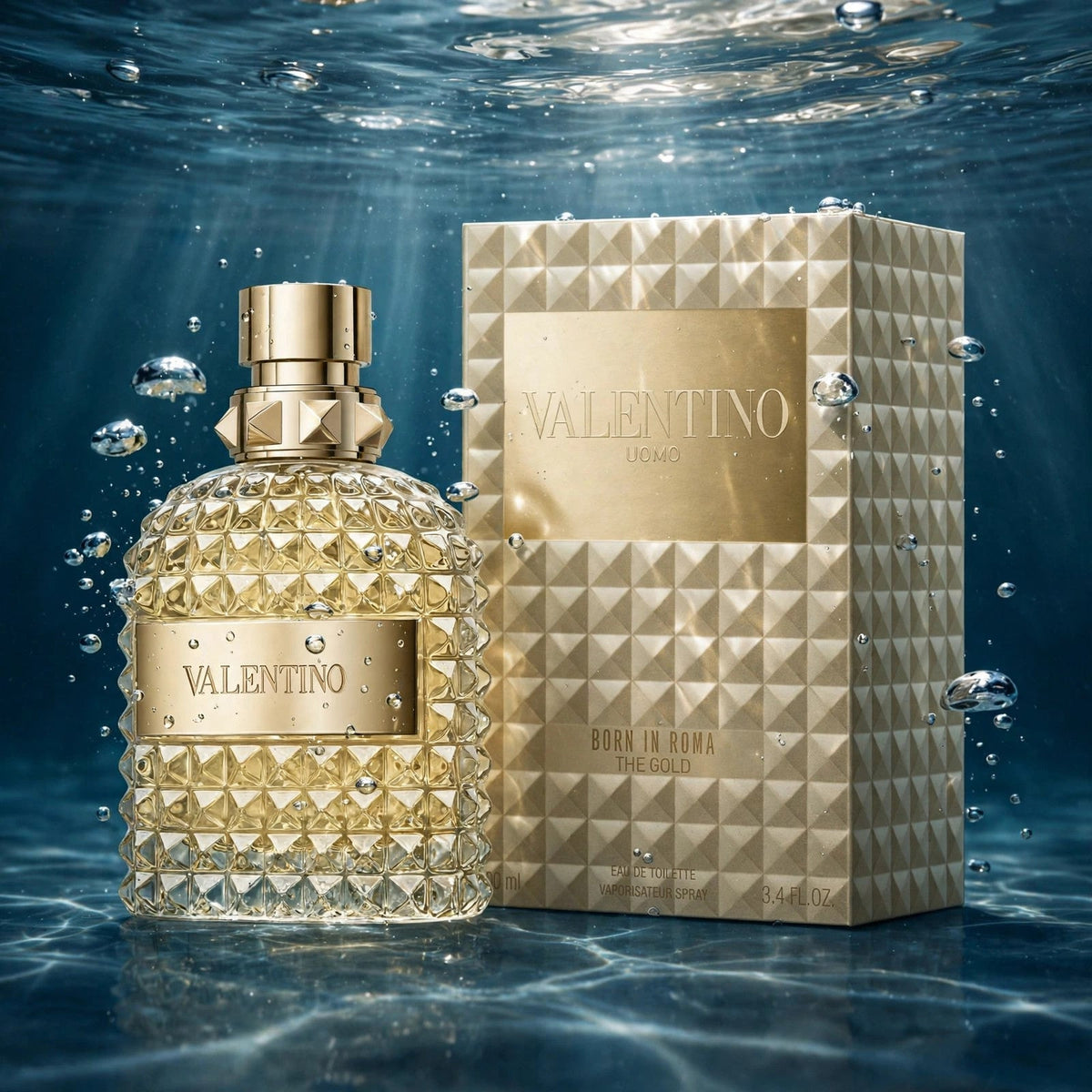 Valentino Uomo Born In Roma The Gold EDT bottle in clear water splash