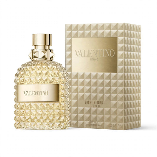 Valentino Uomo Born In Roma The Gold EDT 100ml bottle and box on white background