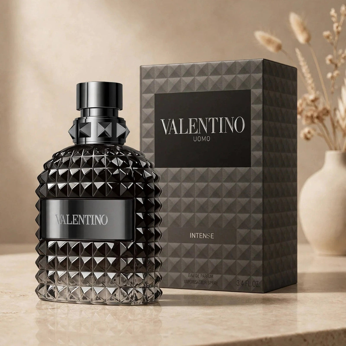Valentino Uomo Intense Eau de Parfum 100ml bottle — warm beige studio