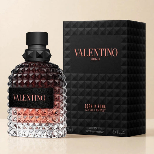Valentino Uomo Born In Roma Coral Fantasy EDT in a cream studio setting