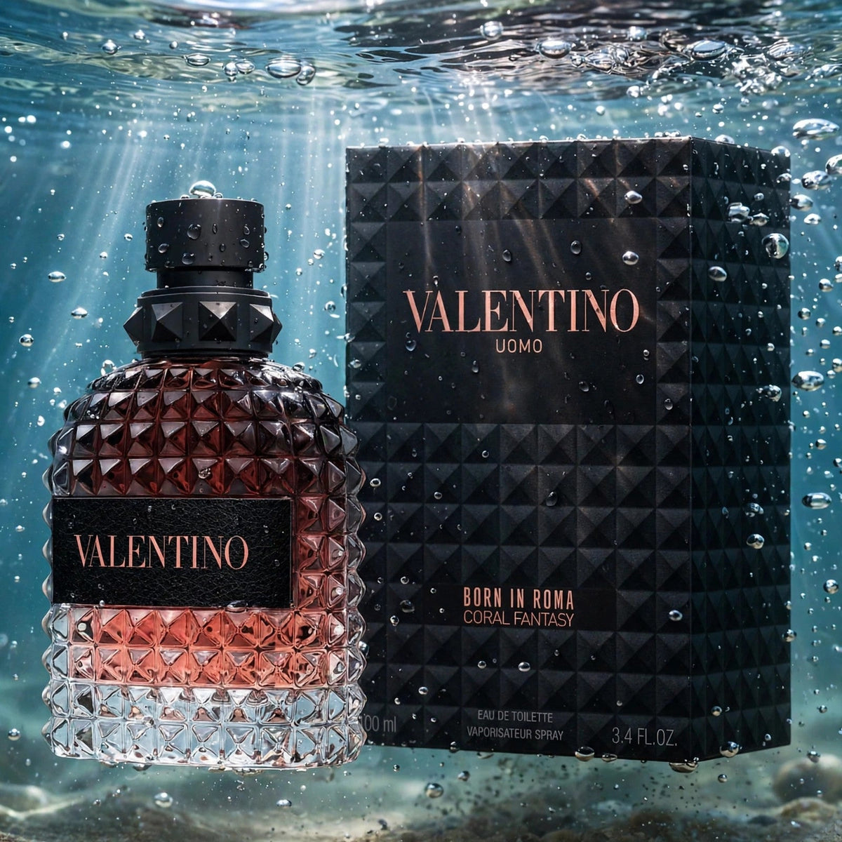 Valentino Uomo Born In Roma Coral Fantasy EDT bottle in clear water splash