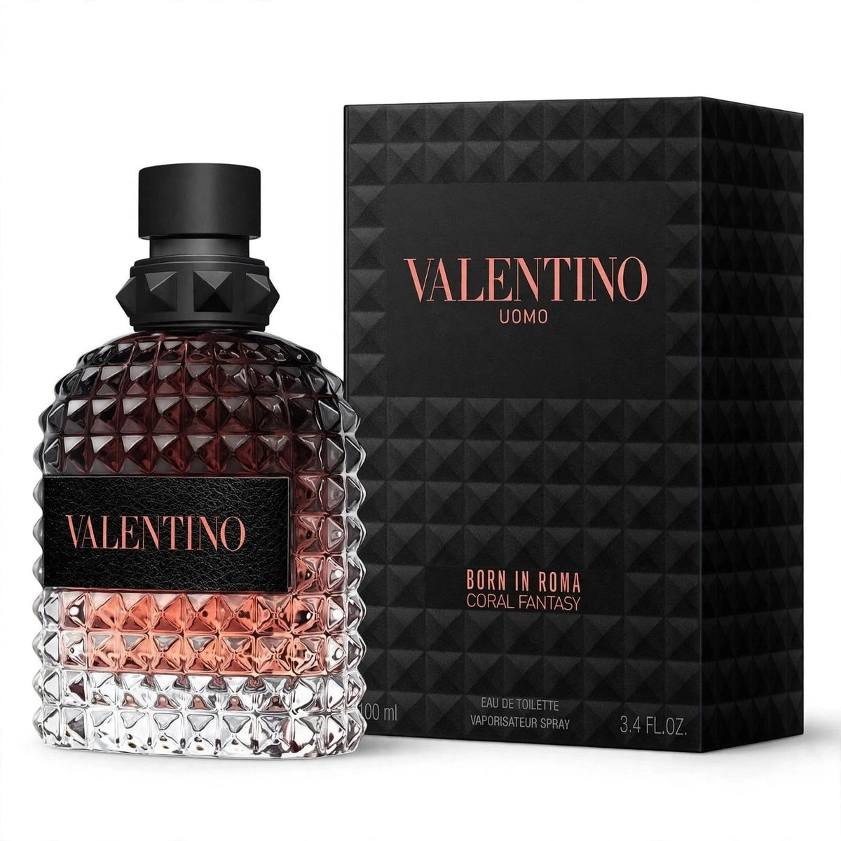 Valentino Uomo Born In Roma Coral Fantasy EDT 100ml bottle and box on white background