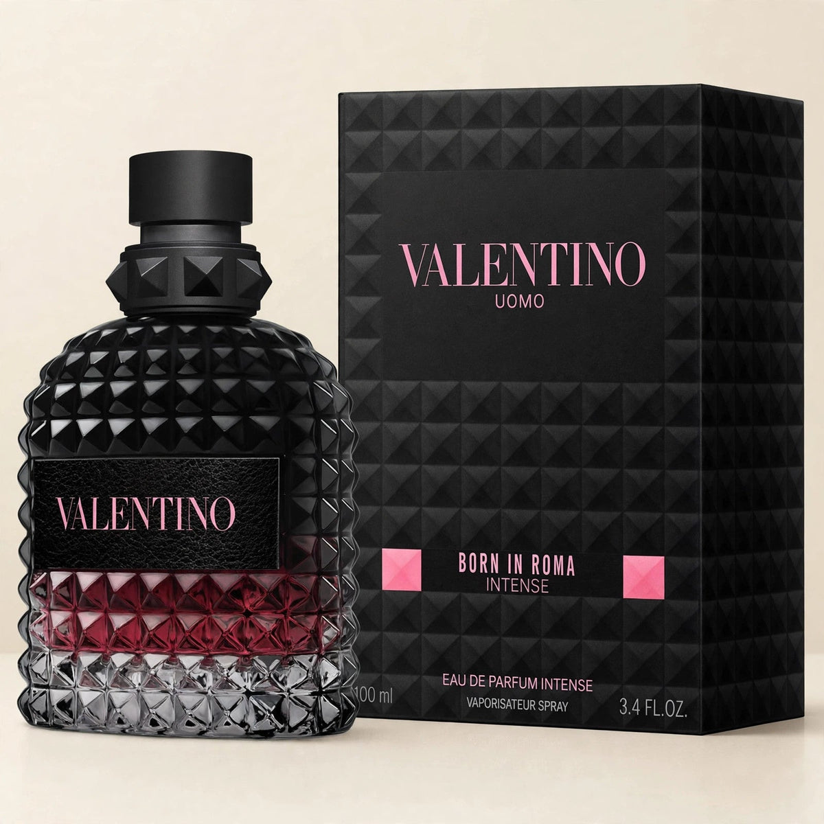 Valentino Uomo Born In Roma Intense EDP in a cream studio setting