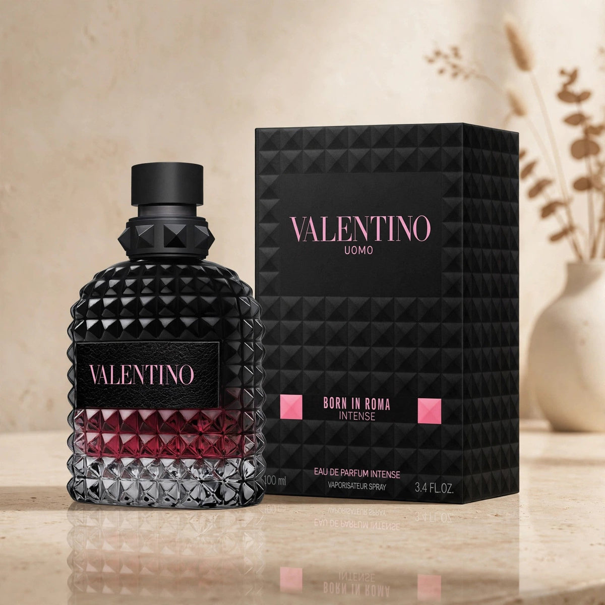 Valentino Uomo Born In Roma Intense EDP in warm beige luxury studio