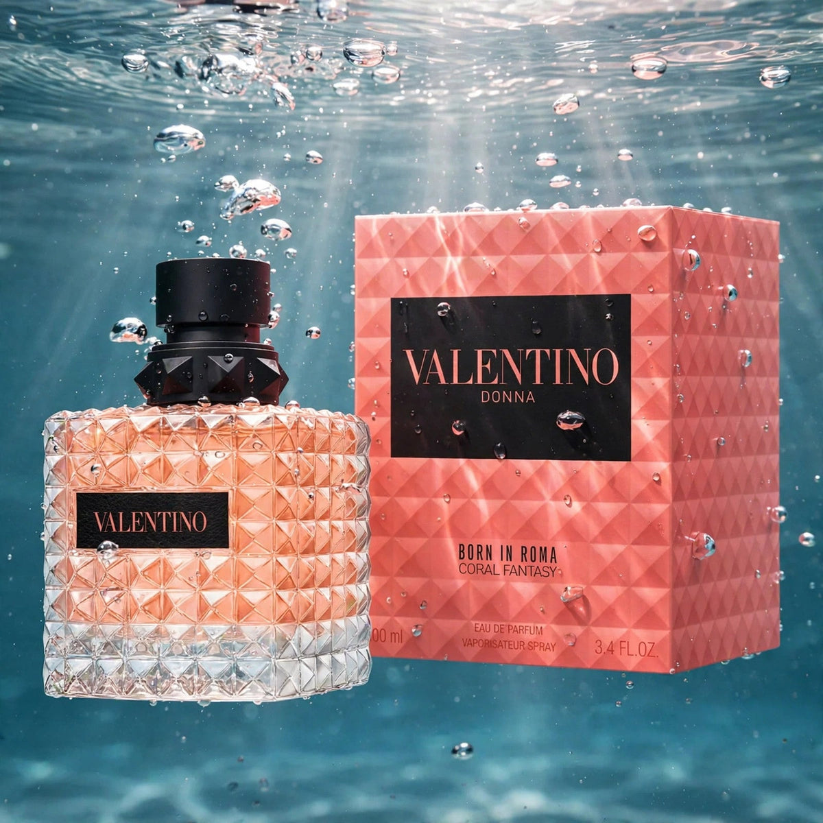 Valentino Donna Born In Roma Coral Fantasy EDP bottle in clear water splash