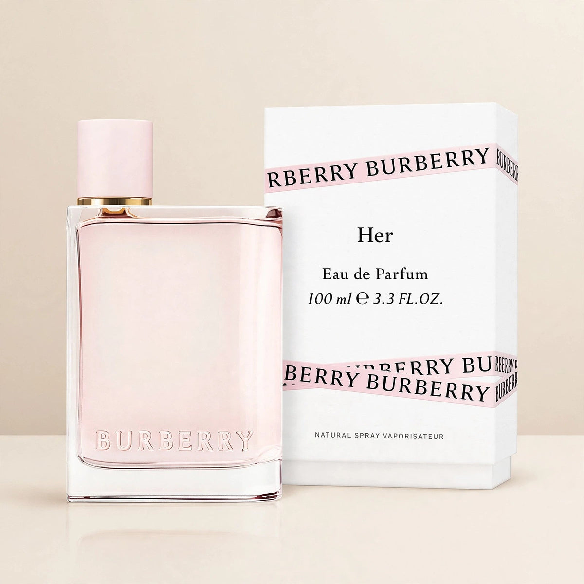 Burberry Her Eau de Parfum 100ml bottle and box — warm cream studio