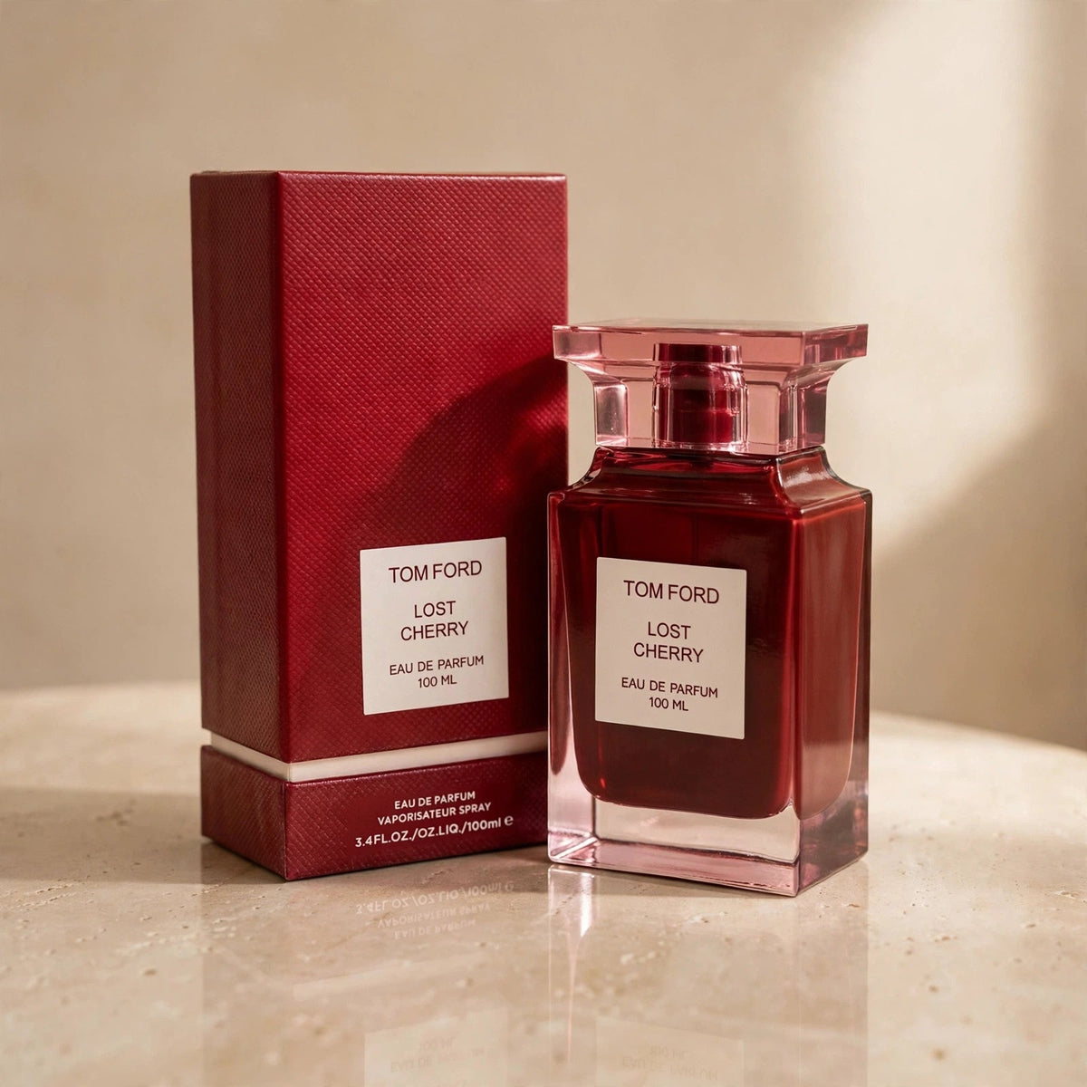 Tom Ford Lost Cherry EDP in warm beige luxury studio