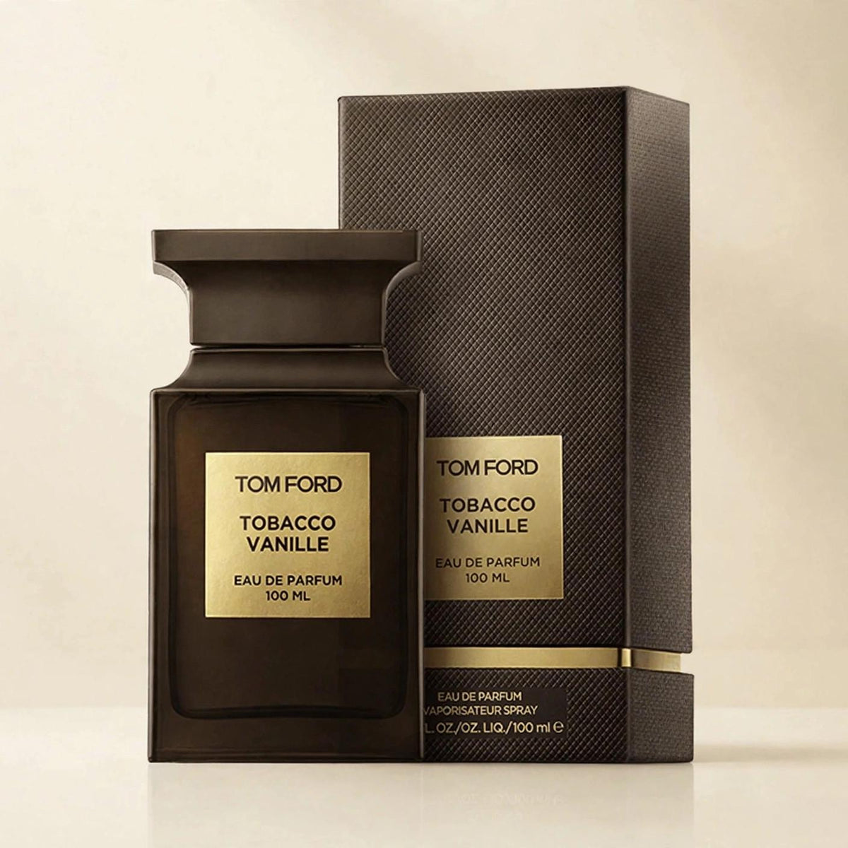 Tom Ford Tobacco Vanille EDP in a cream studio setting
